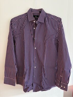 BOSS Navy & Pink Striped Cotton Dress Shirt